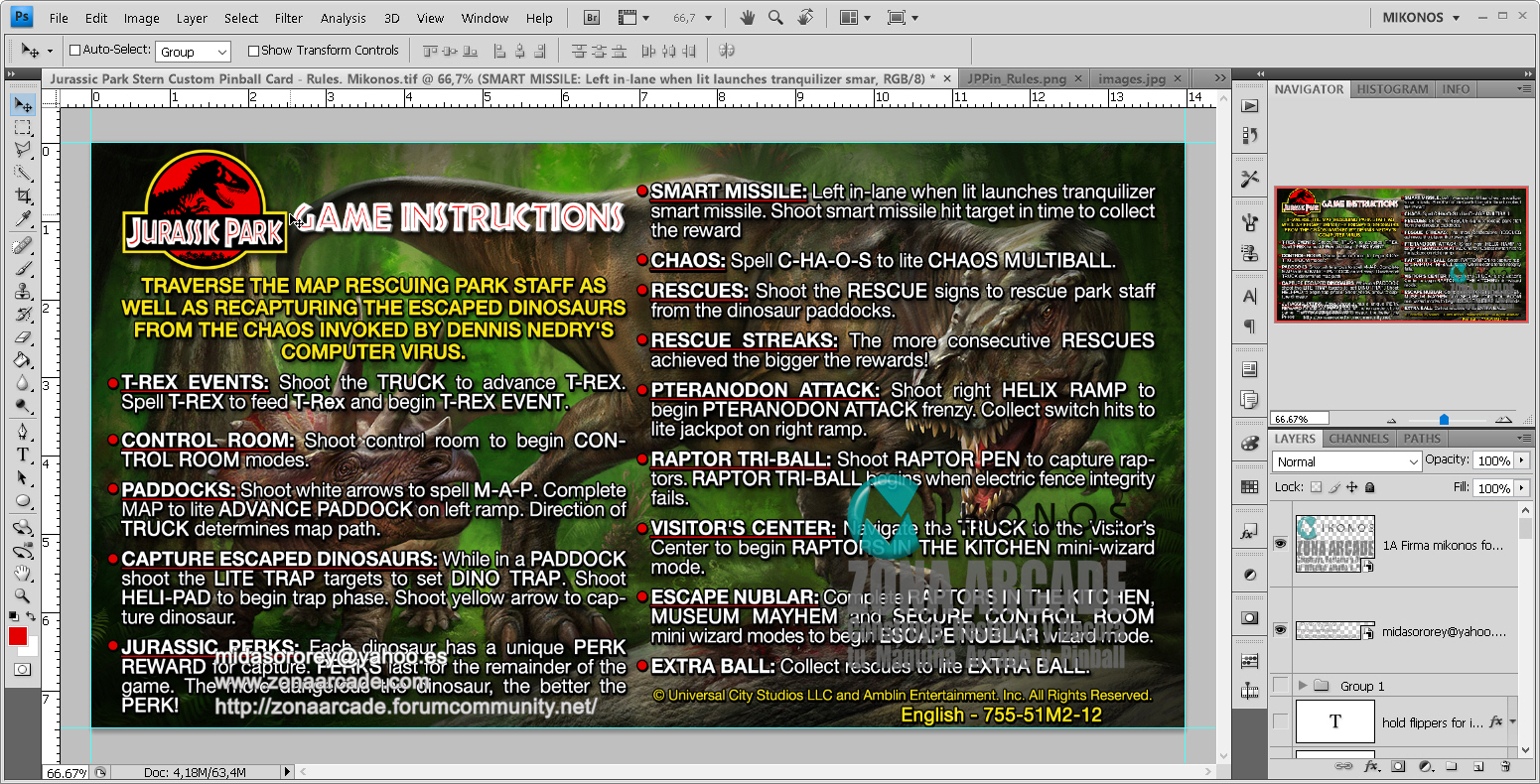 "Jurassic Park Pinball Cards Customized" (STERN). Designed by Zona